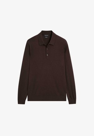 Brown long-sleeve polo shirt made of soft fabric, featuring a classic collar, three-button placket, and ribbed cuffs and hem.