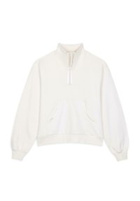 Vit zip-up sweatshirt med hög krage, känguruficka och muddar. Mjukt tyg med en slät, jämn textur.