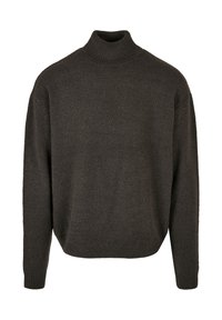 Maglione a collo alto di colore grigio scuro. Collo a coste, maniche lunghe e vestibilità rilassata. Realizzato in tessuto in maglia testurizzata. Nessun motivo o accento visibile.
