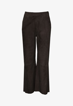 Pantalons en daim marron à jambes larges avec une texture lisse, dotés d'une taille haute et d'un ourlet évasé. Convient à diverses occasions.