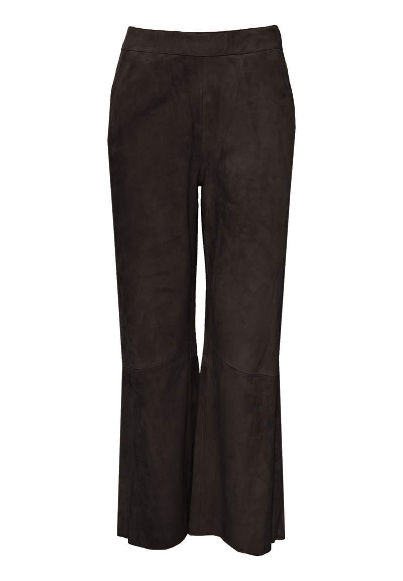 Braune Wildleder-Hosen mit weitem Bein und glatter Textur, hohe Taille und ausgestelltem Saum. Geeignet für verschiedene Anlässe.