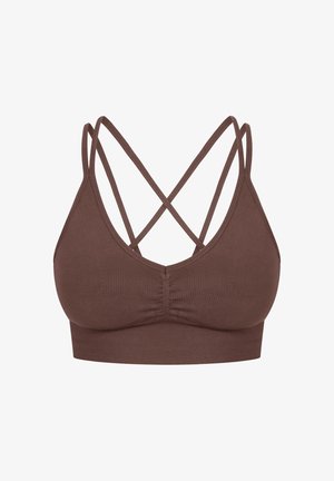 Bruine sportbeha met een driehoekig ontwerp, voorzien van kruisbanden, een geplooide voorkant en een brede ribgebande onderkant.