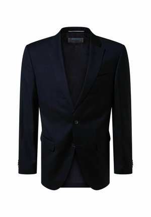 Blazer pour homme de couleur bleu marine foncé avec des revers crantés, deux boutons à l'avant, poches à rabat et une poche poitrine passepoilée, présenté sur fond blanc.
