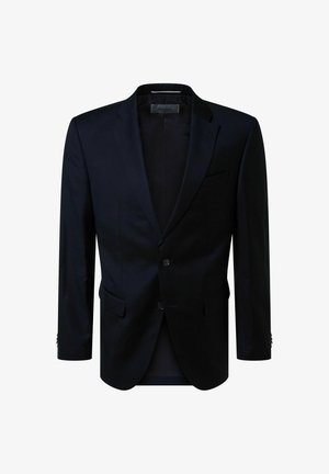 Dunkelblaues Herrenjackett mit Revers, zwei vorderen Knöpfen, Klapptaschen und einer Brusttasche, vor weißem Hintergrund dargestellt.