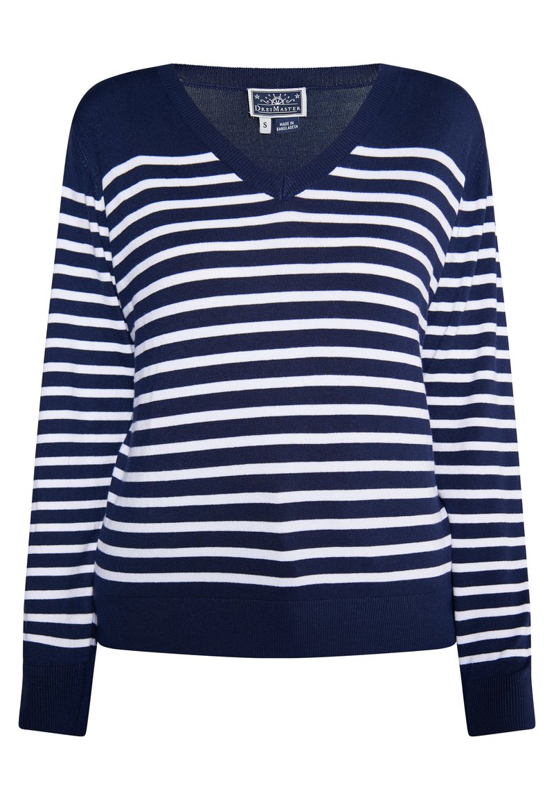Niebiesko-biała sweter w paski z dekoltem w kształcie litery V, z długimi rękawami, prążkowanymi mankietami i dołem. Wykonany z miękkiego, elastycznego materiału dla wygody. Rozmiar S.