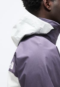 Veste à carreaux violette avec une capuche blanche, dotée d'un col montant et du logo The North Face. Confectionnée dans un matériau lisse et léger.