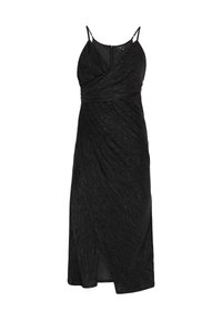 Schwarzes Wickelkleid mit verstellbaren dünnen Trägern, strukturierter Stoff, schlanke Silhouette und seitlichem Schlitz, der ein modernes, elegantes Design bietet.
