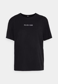Sort T-shirt med korte ærmer og ordet "MANKIND" trykt i hvide, store bogstaver centreret på brystet.