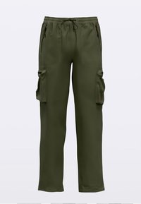 Pantalon cargo vert olive, avec une taille à cordon, des poches latérales zippées et des poches cargo supplémentaires. Texture de tissu lisse.