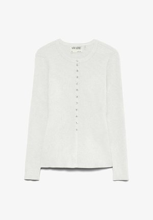 Light grey, ribbed cardigan with a round neckline and long sleeves. Features a row of round, shiny buttons down the front.