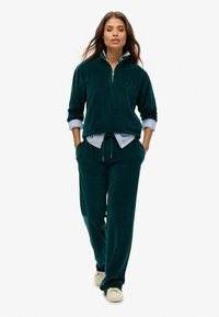Pullover in velluto teal con mezza zip e colletto alto, indossato sopra una camicia a righe azzurre; pantaloni teal abbinati con vita regolabile.