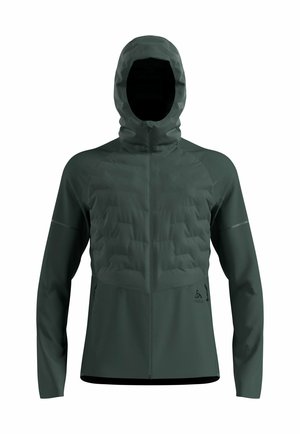 Dark green hooded jacket with quilted chest, smooth sleeves, full front zipper, and zippered side pockets, designed for outdoor wear.