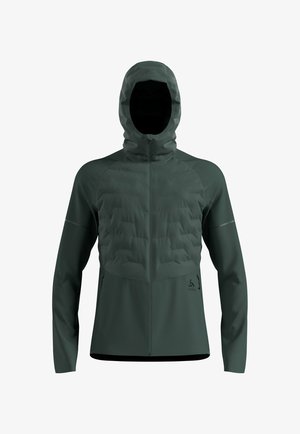 Dark green hooded jacket with quilted chest, smooth sleeves, full front zipper, and zippered side pockets, designed for outdoor wear.