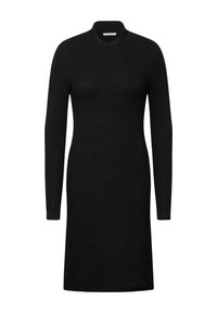 Mustassa ribbiknitteessä pitkähihaisessa mekossa on korkea kaulus. Slim fit -design, polvivartinen, valmistettu pehmeästä textured-kankaasta.