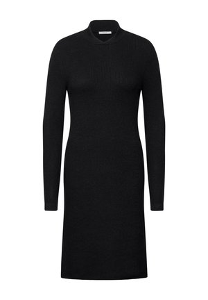 Vestido negro de punto acanalado con mangas largas y cuello alto. Diseño ajustado, hasta la rodilla, hecho de una tela suave y texturizada.