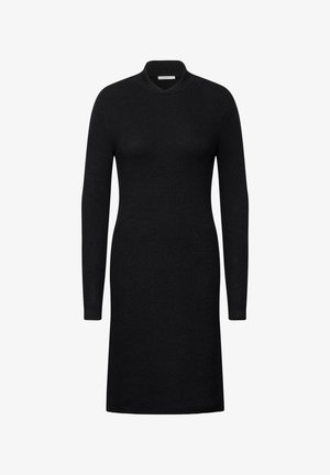 Vestido negro de punto acanalado con mangas largas y cuello alto. Diseño ajustado, hasta la rodilla, hecho de una tela suave y texturizada.