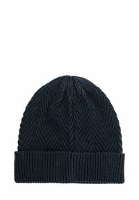 Ciemnoniebieska dziana czapka z teksturowanym wzorem w zygzak i złożonym ściągaczem. Miękki, ciepły materiał odpowiedni na chłodne dni.