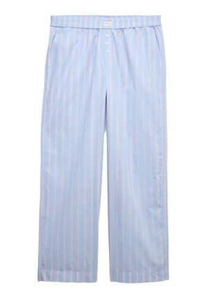 Lyseblå bomulds-pyjamasbukser med lyserøde lodrette striber. Har elastik i taljen og gylp med fem knapper.