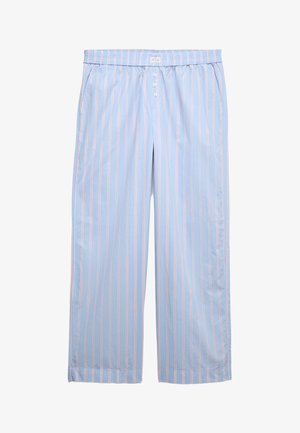 Pantalon de pyjama en coton bleu clair avec des rayures verticales roses. Doté d'une ceinture élastique et d'une braguette à boutons avec cinq boutons.