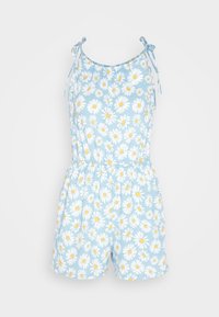 Jumpsuit azul claro con estampado de margaritas en blanco y amarillo. Presenta tirantes ajustables y una cintura elástica para un ajuste relajado.