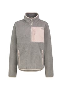 Grau Fleece-Pullover mit hohem Kragen, halber Reißverschluss, pinkfarbigem Brusttasche mit Reißverschluss und zwei unteren Taschen mit Reißverschluss. Strukturiertes Material.