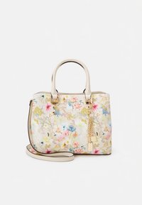Sac à main floral de couleur claire en matériau synthétique avec une forme structurée, équipé de ferrures dorées, de deux poignées et d'une bandoulière amovible.