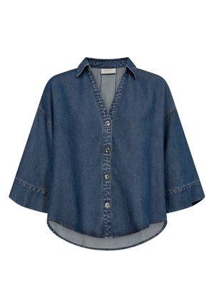 Blauw denim overhemd met knopen, brede driekwart mouwen, puntige kraag en een afgeronde zoom.