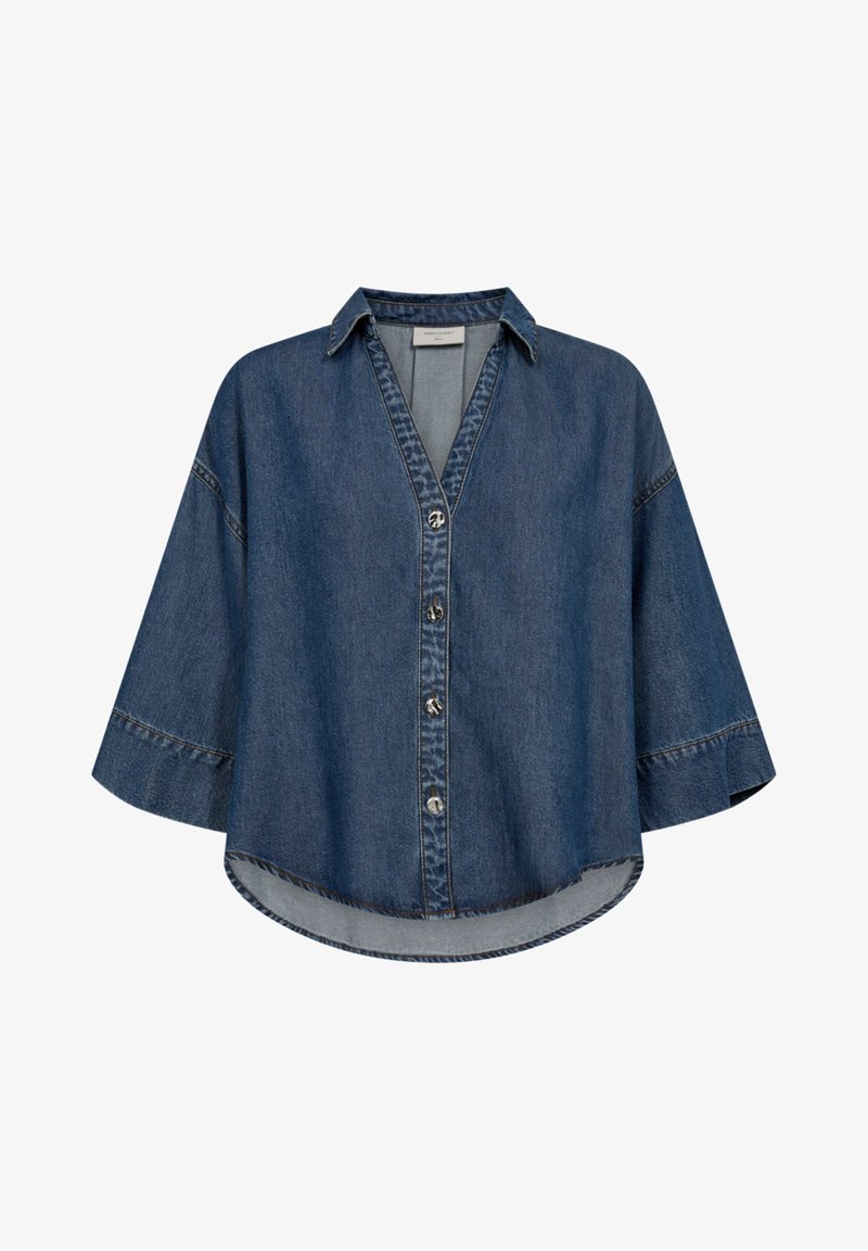 Blauw denim overhemd met knopen, brede driekwart mouwen, puntige kraag en een afgeronde zoom.