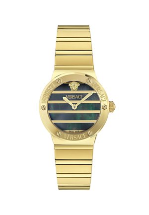 Zelta metāla pulkstenis ar apaļu seju, ar melnu un zaļu svītrojumu ciparnīcu un Versace logotipu. Izaicinājuma zelta siksniņa un raksturīgas aparatūras akcenti.