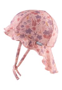 Pink floral swim hat with a ruffled brim. The fabric features pastel flower, seashell, and starfish patterns. Includes tie straps for secure fit.