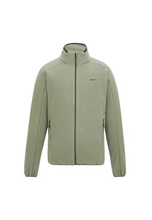 Light green zip-up fleece jacket with high collar, elastic cuffs, two side zip pockets, and small logo on left chest.