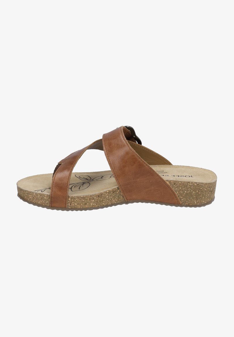 Brown leather slide sandal with crossed straps, cushioned insole, and textured cork outsole. Simple design, suitable for casual wear.