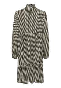 Robe géométrique noire et crème avec des manches longues, un col montant, une taille froncée et un ourlet volanté. Fabriquée en tissu léger.