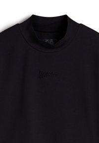 Black sweatshirt with a high collar, featuring a textured, embossed logo in the center. Made of smooth, consistent fabric.