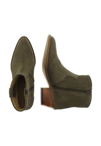Green suede ankle boots with a pointed toe, side zipper, and a stacked wooden heel. Features a textured surface and decorative stitching.