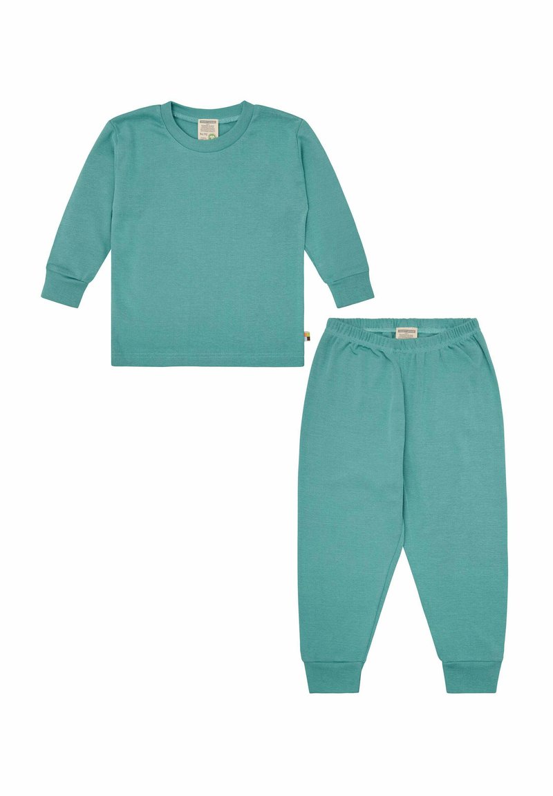 Twee-delig outfit van zachte teal stof, bestaande uit een langarm shirt met ronde hals en een broek met elastische taille en taps toelopende enkels.