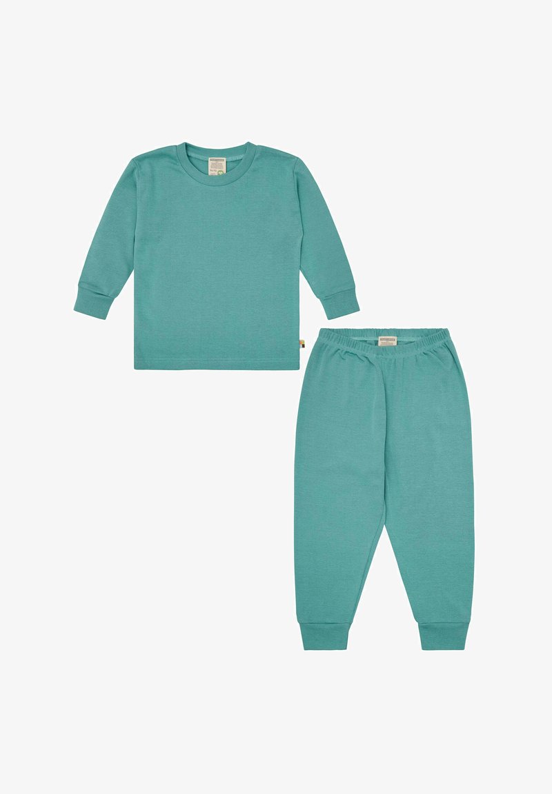 Twee-delig outfit van zachte teal stof, bestaande uit een langarm shirt met ronde hals en een broek met elastische taille en taps toelopende enkels.