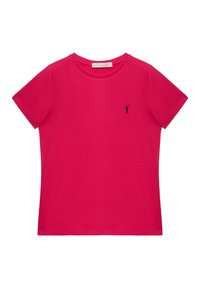 Světlý růžový tričko s krátkým rukávem a kulatým výstřihem, s malým černým logem golfisty na levé části hrudi, označené jako Polo Club, velikost malá.