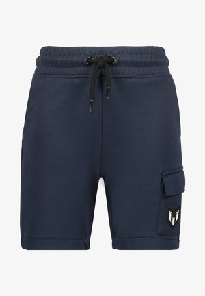 Mørkeblå snørreshorts med elastisk taljebånd og sidelomme med cargo-stil, der har et sort-hvidt logo-patch.