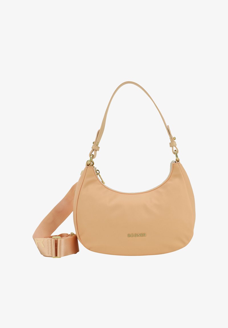 Borsa in nylon pesca con forma curva, accessori in oro, chiusura con zip e tracolla in tessuto regolabile su un lato.