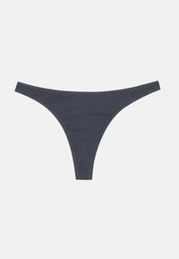 Dark gray thong underwear made of soft, stretchy fabric. Features minimal coverage with narrow side straps and a smooth finish.