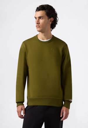 Felpa verde oliva realizzata in tessuto morbido, dotata di collo rotondo, maniche lunghe, polsini a costine e un piccolo logo sul petto.