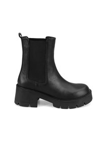 Schwarze Knöchelstiefel aus strukturiertem Leder mit elastischen seitlichen Einsätzen, ausgestattet mit einer klobigen Plateau-Sohle und einem robusten Profil.