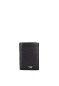 Black leather wallet with a textured finish, featuring sleek rectangular design and embossed "LANCASTER PARIS" logo at the bottom.