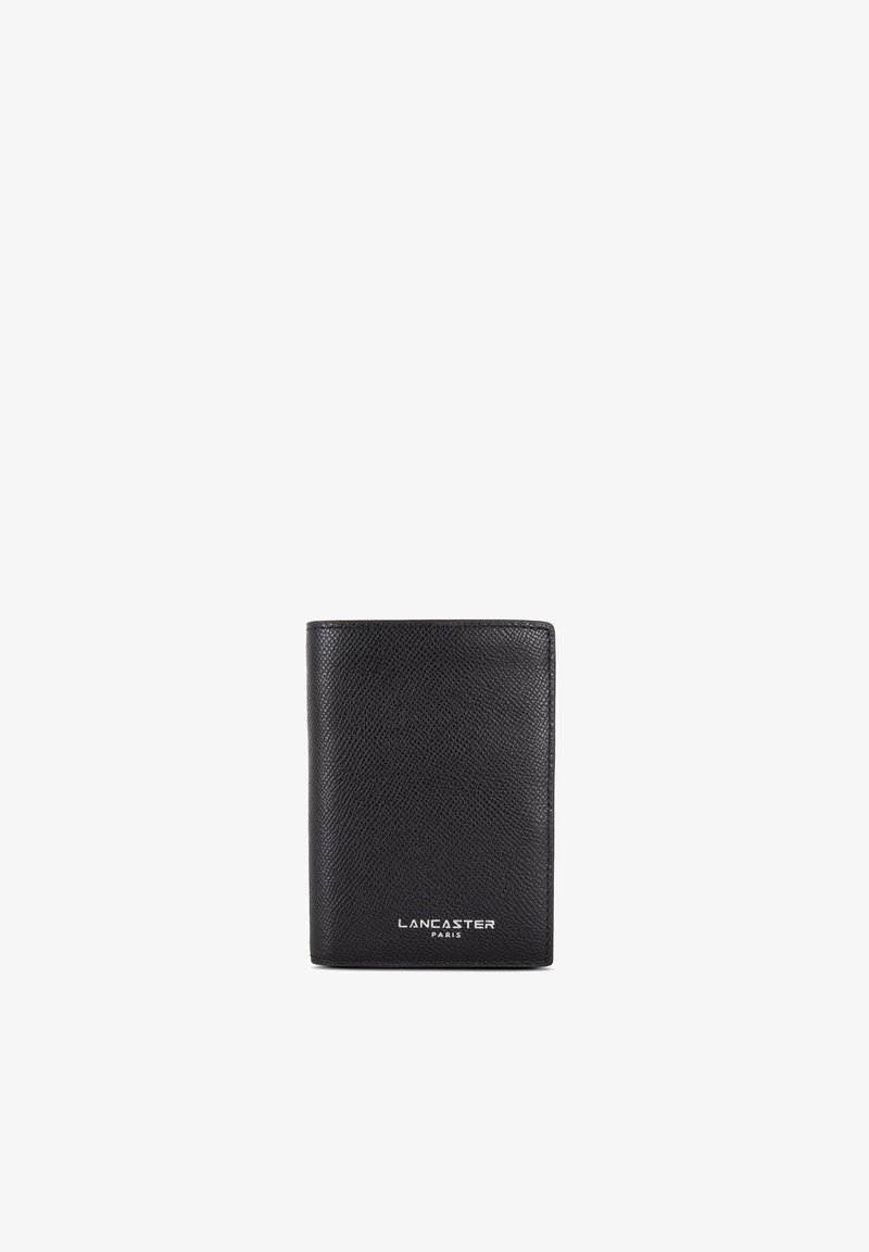 Black leather wallet with a textured finish, featuring sleek rectangular design and embossed "LANCASTER PARIS" logo at the bottom.