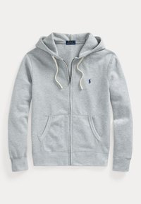 Felpa grigia con zip realizzata in morbido cotone misto, con cappuccio regolabile, tasche frontali e un piccolo logo blu sul lato sinistro del petto.