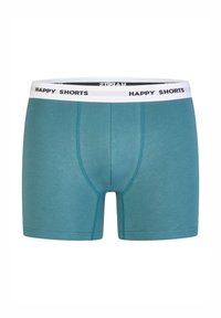 Tyrkysové boxerky vyrobené z měkké tkaniny. Mají bílý pás s potiskem "HAPPY SHORTS", dobře padnoucí design s detaily šití.