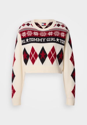 Kahane kreemivärvi kampsun punase ja musta rombimustriga. Omab soonikserva, ümmargust kaelust ning "TOMMY GIRL" teksti rinnal.