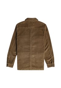 Brun fløjljakke med krave, lange ærmer og knaplukninger ved håndleddene. Ribbet struktur løber vertikalt over stoffet.