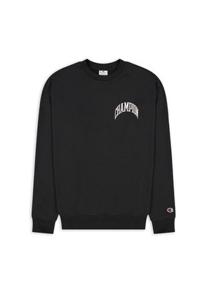 Zwarte sweatshirt met lange mouwen en witte "CHAMPION" tekst op de linkerborst en een klein Champion-logo op de linkerpolsmanchet.